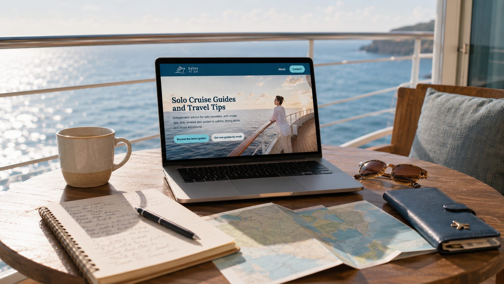 Cruise planning scene with a laptop, notebook and map on a balcony overlooking the sea