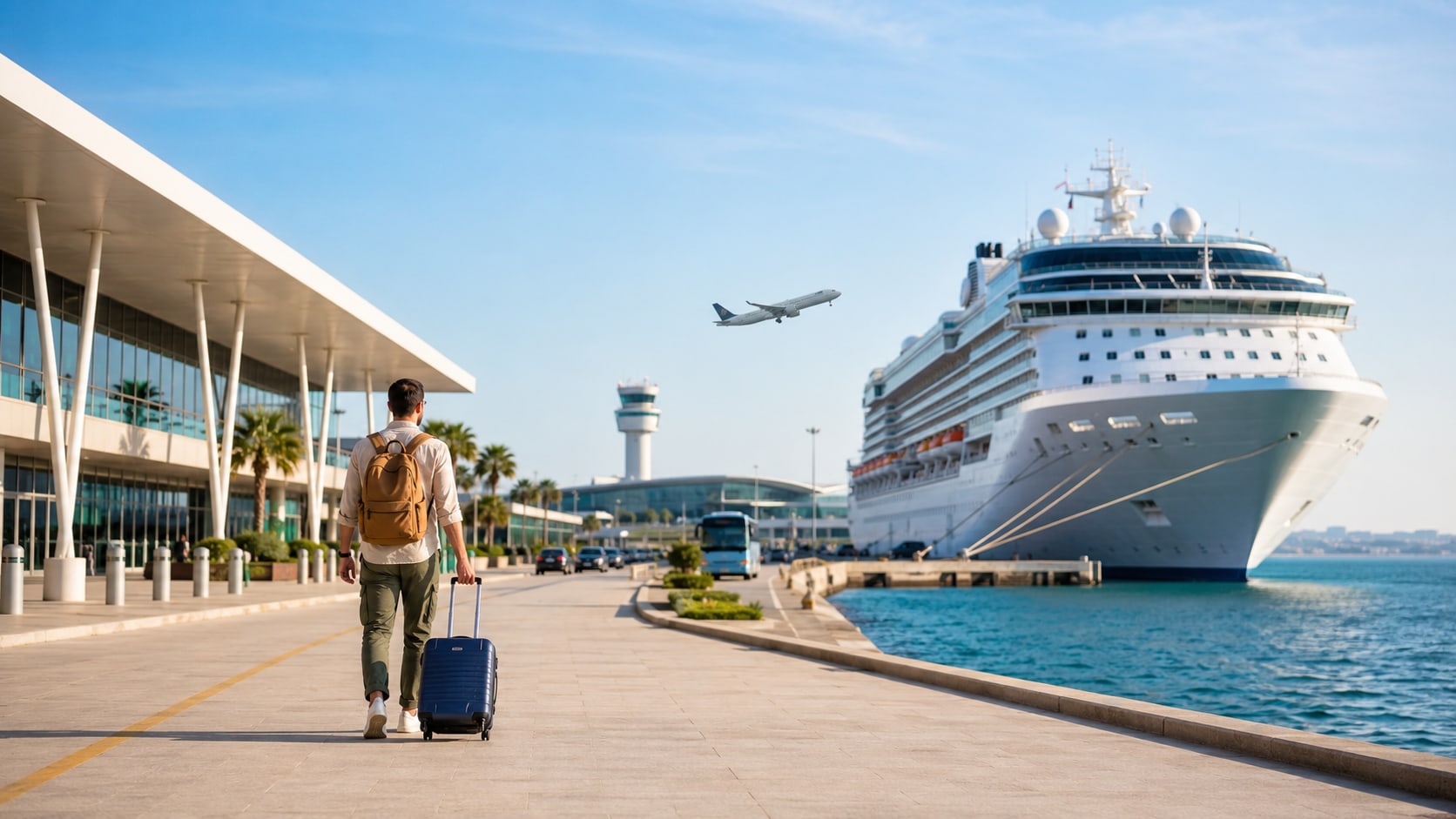 A traveller with a suitcase walking from an airport terminal towards a cruise ship at the port