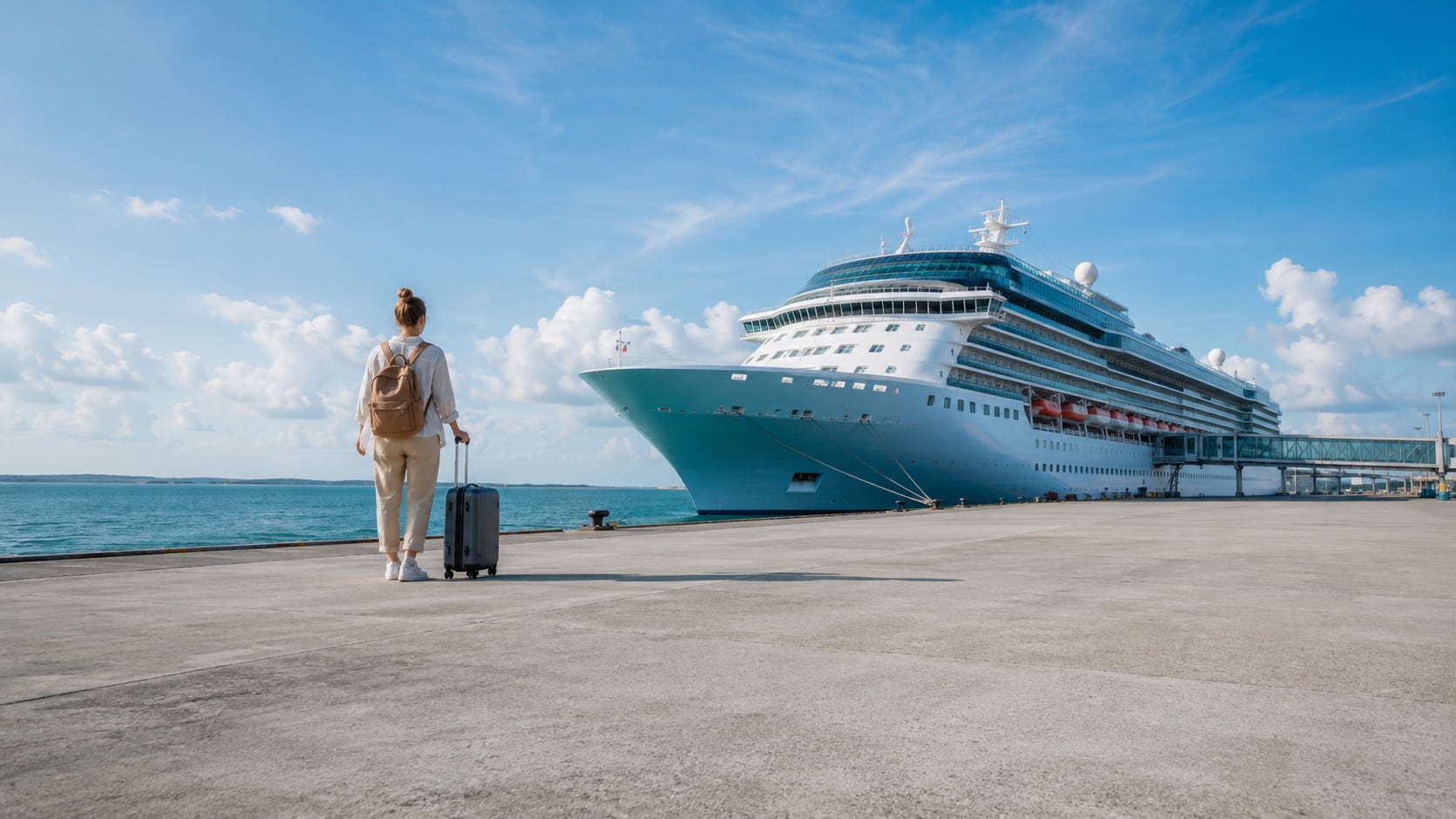 A solo traveller standing at a cruise port with a suitcase looking towards a cruise ship before embarkation