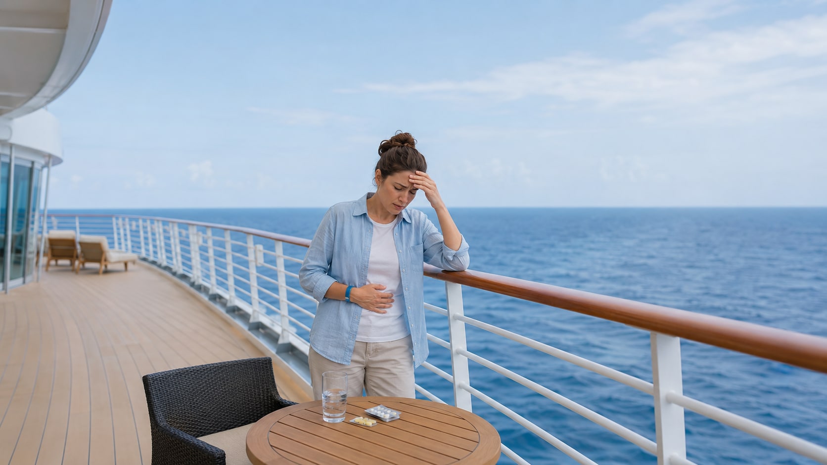 A traveller feeling mildly seasick on a cruise ship deck with water and travel sickness tablets nearby